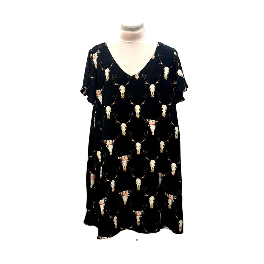 BUDDY LOVE Ciara Flutter Sleeve Flowy Chiffon Death Valley M Floral Deer Skulls